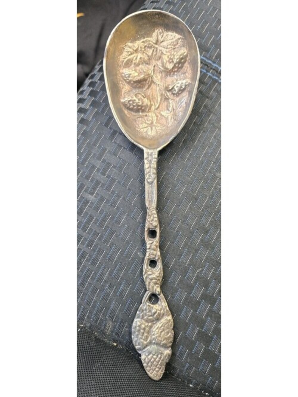 Large Silver Plate Serving  Spoon Embossed Strawberry Details 9" Beautiful